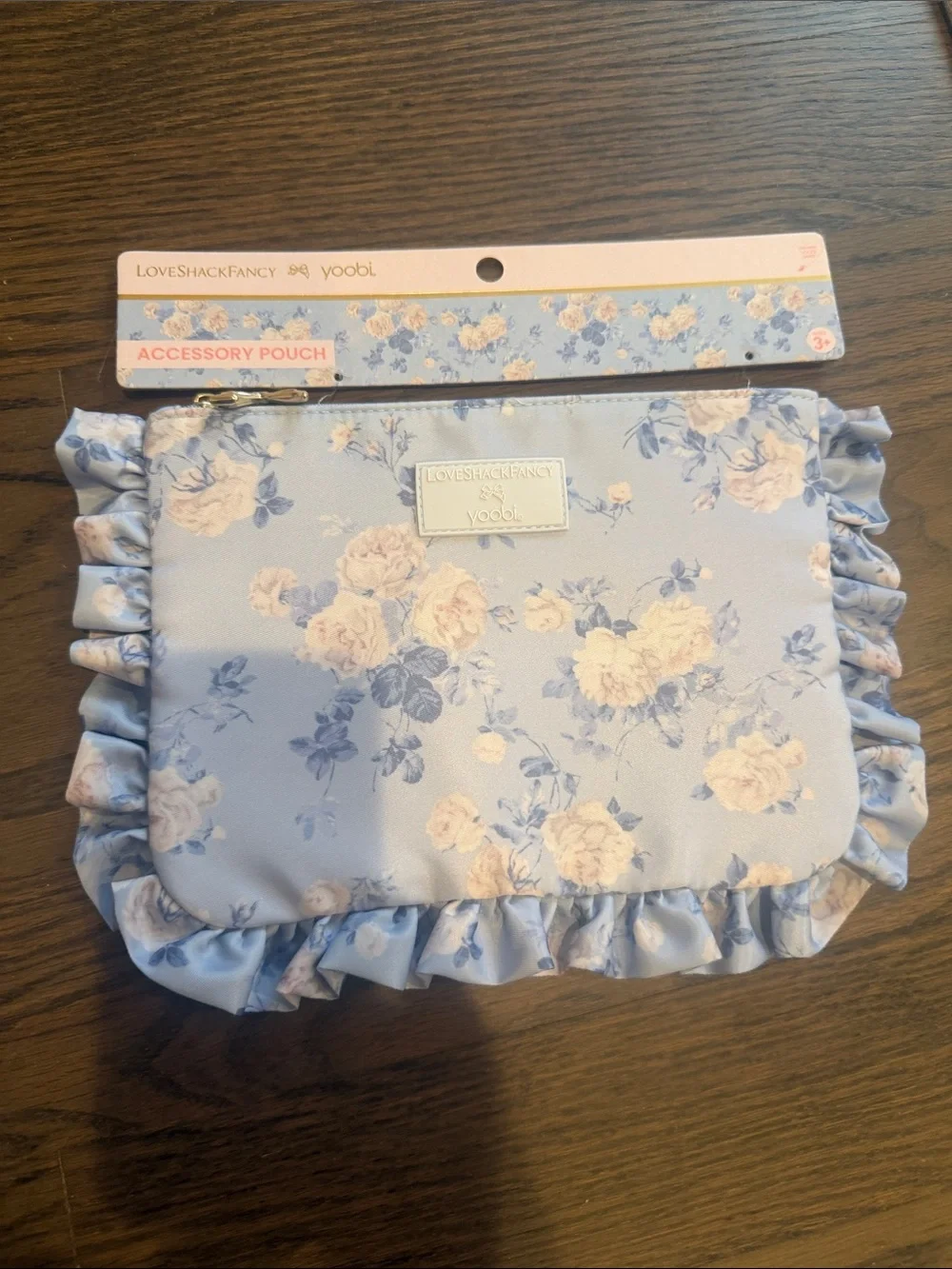 LoveShackFancy Floral Ruffle Accessory Pouch - Light Blue & Cream